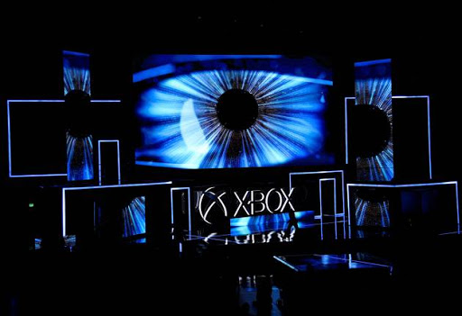 Graphics are shown on a screen during unveiling of the Xbox One X gaming console during the Microsoft Xbox E3 2017 media briefing in Los Angeles, California.