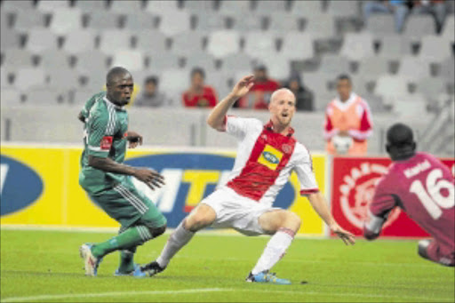 IN LIMBO: Ajax Cape Town defender Matthew Booth, centre, shoots at goal during the club's Premiership match against AmaZulu at Cape Town Stadium recently.Photo: Gallo Images