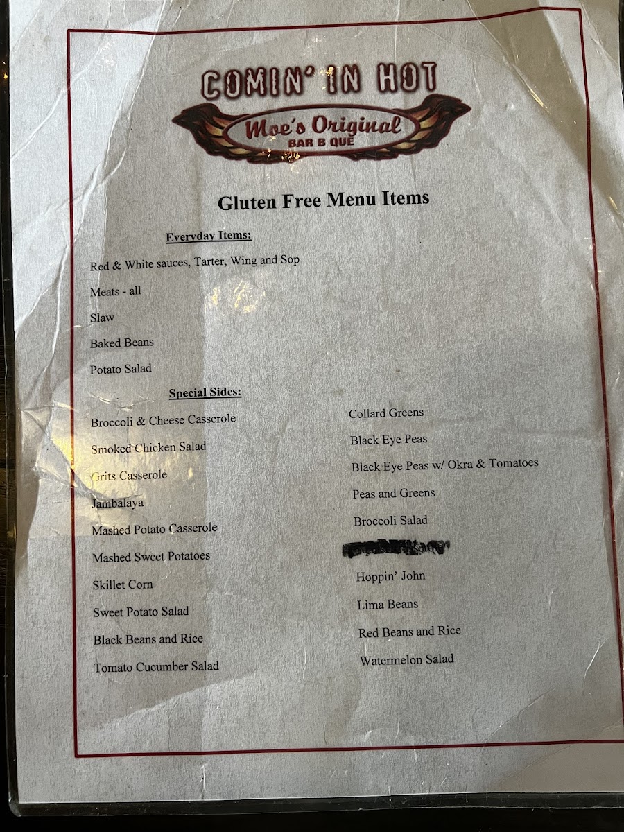 Moe's Original BBQ gluten-free menu