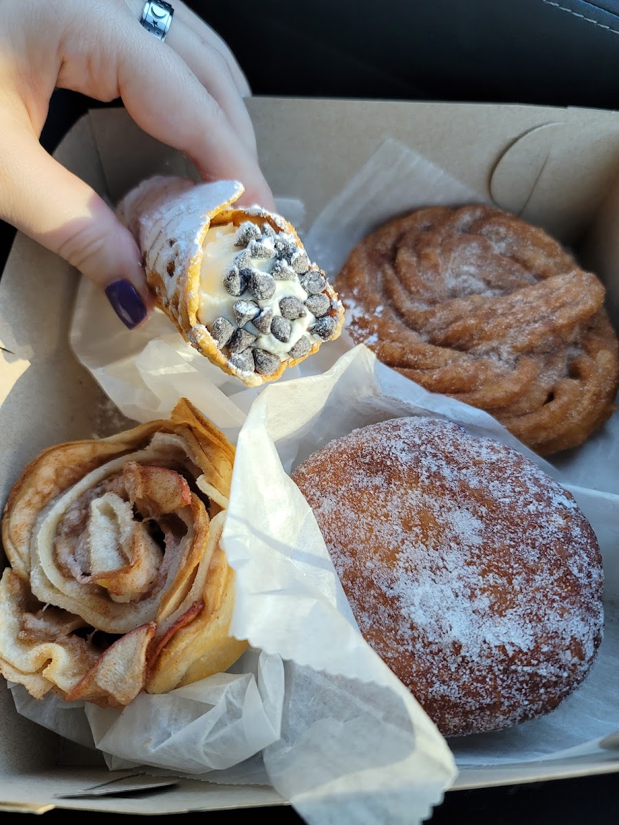 cannoli, churro, raspberry filled donut, apple tart