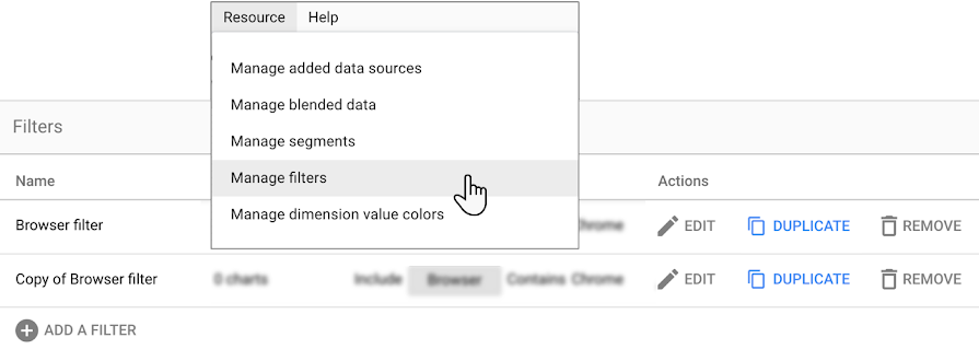 The Manage filters option is highlighted in the Resource menu.