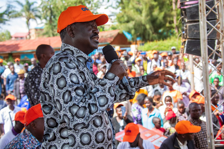 Opposition leader Raila Odinga speaks during a rally in Kisumu after launching an ODM recruitment exercise on Monday, November 27, 2023.