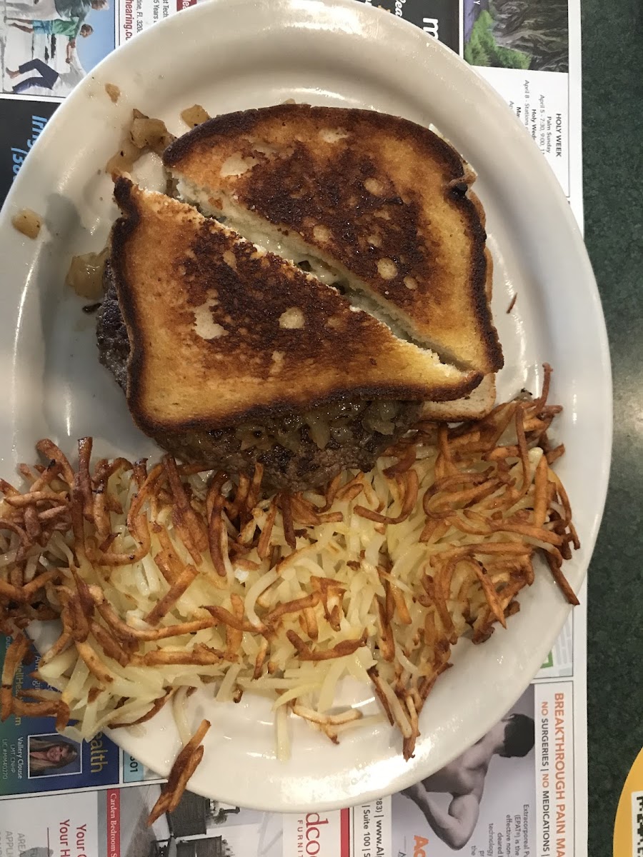 Gluten free Metro patty melt & Hashbrowns.