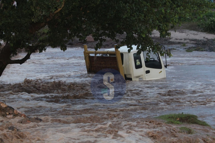The submerged lorry in Makueni river on April 26, 2024