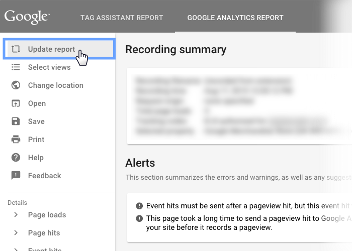 Google Tag Assistant Recordings update report menu