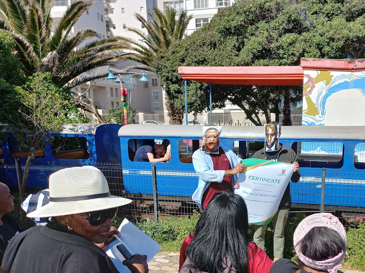 Achmat at the Blue Train Park in Mouille Point protesting against the country’s broken trains. Picture: Sean Christie