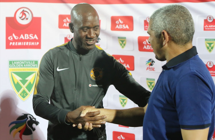 Kaizer Chiefs' caretaker coach Patrick Mabedi shakes hands with his Lamontville Golden Arrows counterpart Clinton Larsen after an Absa Premiership match at Princess Magogo Stadium on April 24, 2018 in Durban, South Africa.