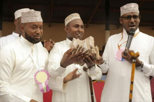 Mombasa Governor Hassan Ali Joho, Suna East MP Junet Mohammed during a fundraising in Wajir. /COURTESY
