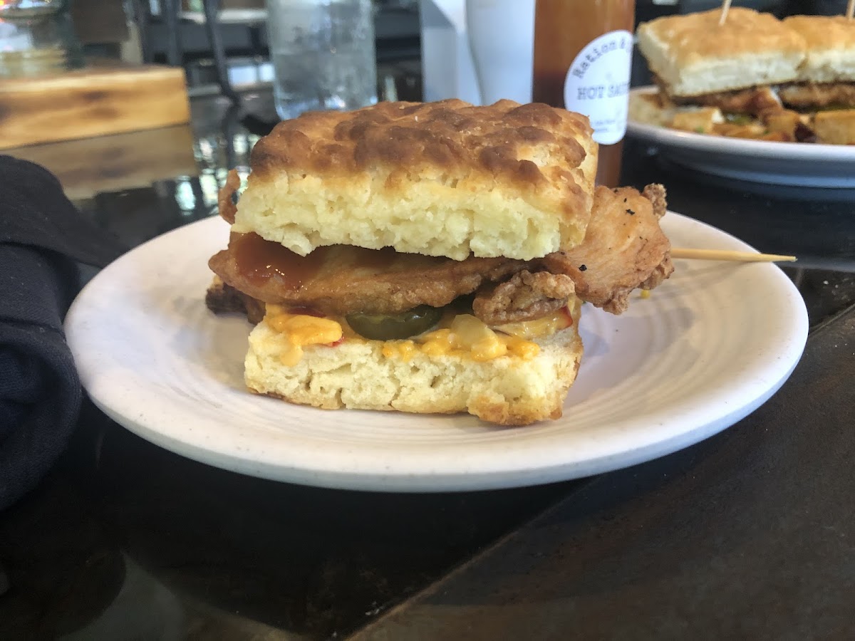 Hick Fil A biscuit with pimiento cheese and b&b pickles