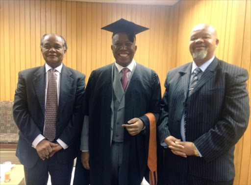 Julius Malema with Judge Bernard Ngoepe, UNISA Chancellor, and Prof Mandla Makhanya, UNISA Principal