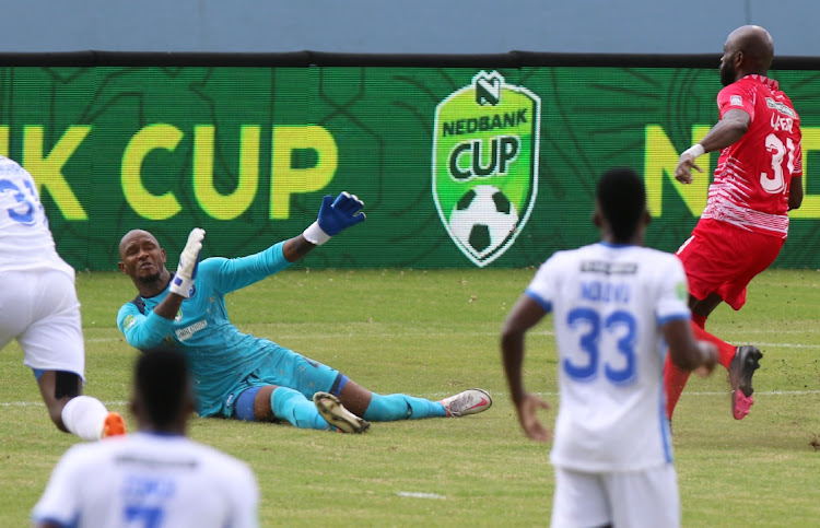 Anthony Laffor, right, scores Chippa United’s first goal against Richards Bay in their Nedbank Cup quarterfinal at the Sisa Dukashe Stadium in Mdantsane on Saturday.