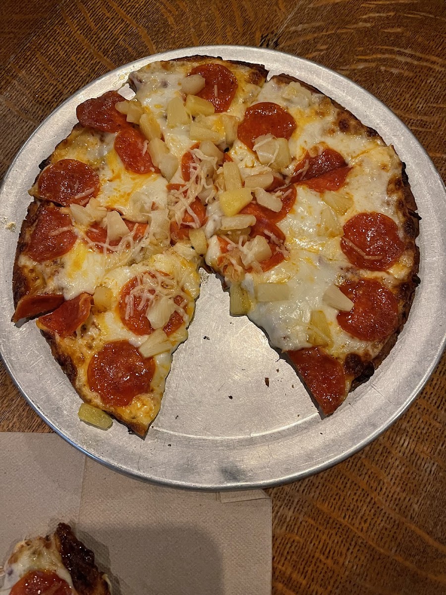 Gluten free pepperoni and pineapple pizza