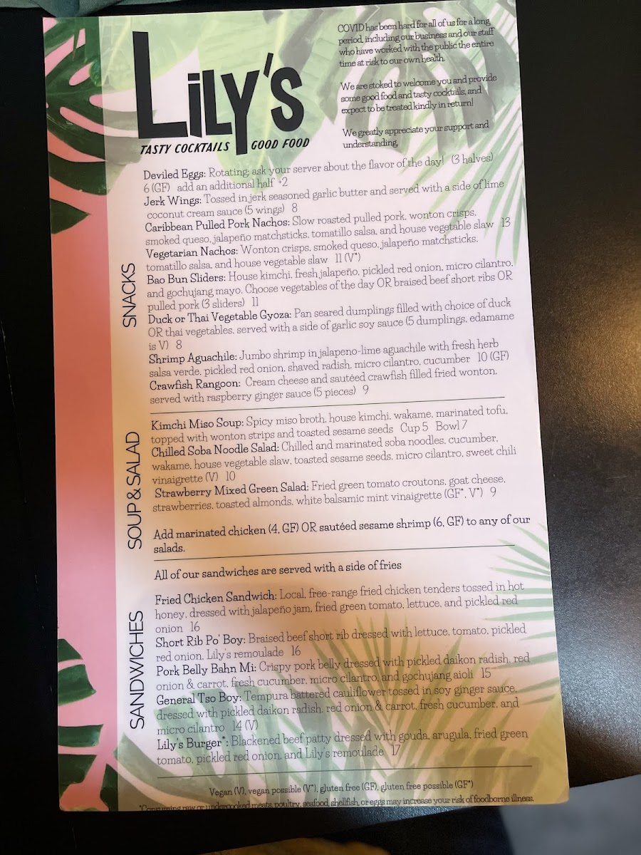 Lily's gluten-free menu