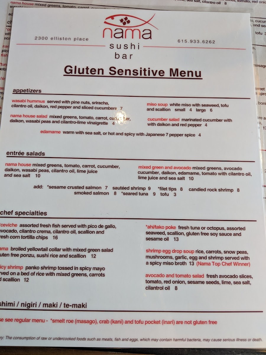 Nama Sushi Bar gluten-free menu