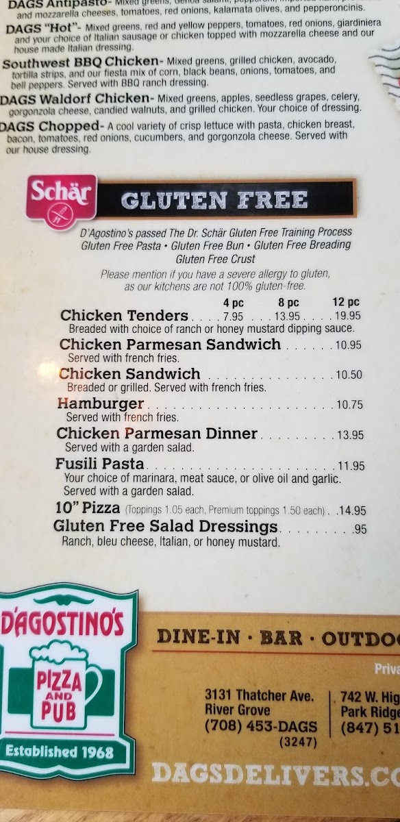 D'Agostino's Pizza & Pub gluten-free menu