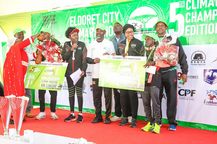 Deputy Speaker Gladys Boss Shollei during the award ceremony at the Eldoret City Marathon.