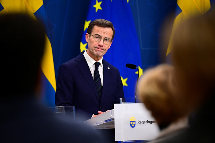 Sweden's Prime Minister Ulf Kristersson speaks during a press conference in Stockholm, Sweden, February 26 2024. Picture: TT NEWS AGENCY/REUTERS