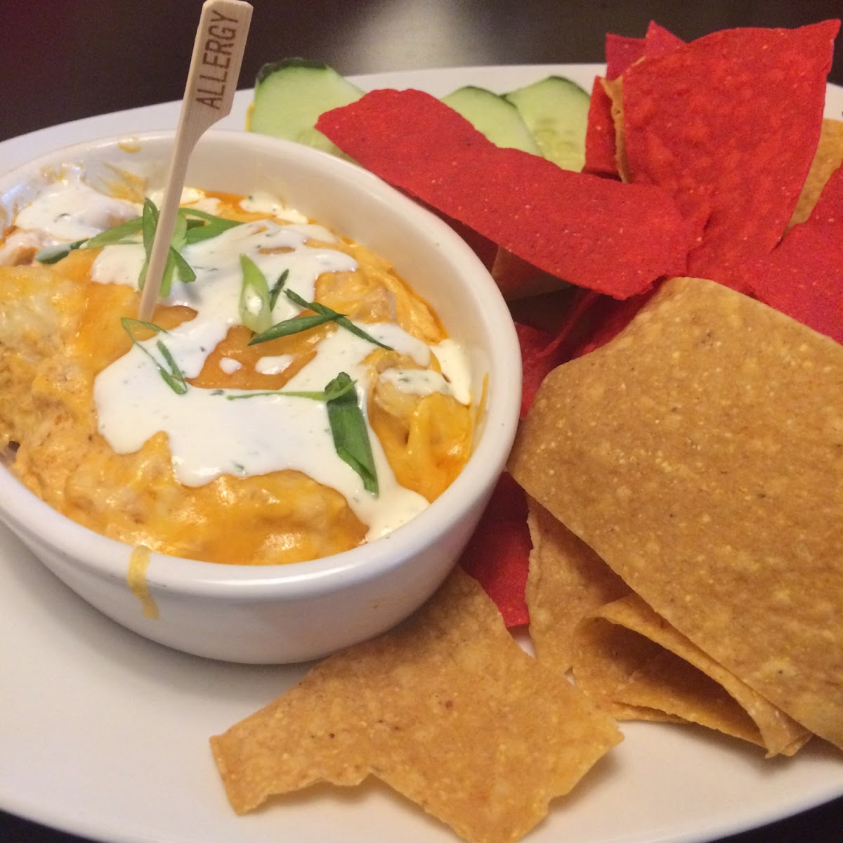 Gluten free buffalo chicken dip!!!  It's so spicy and cheesy and the freshly fried chips were perfect.