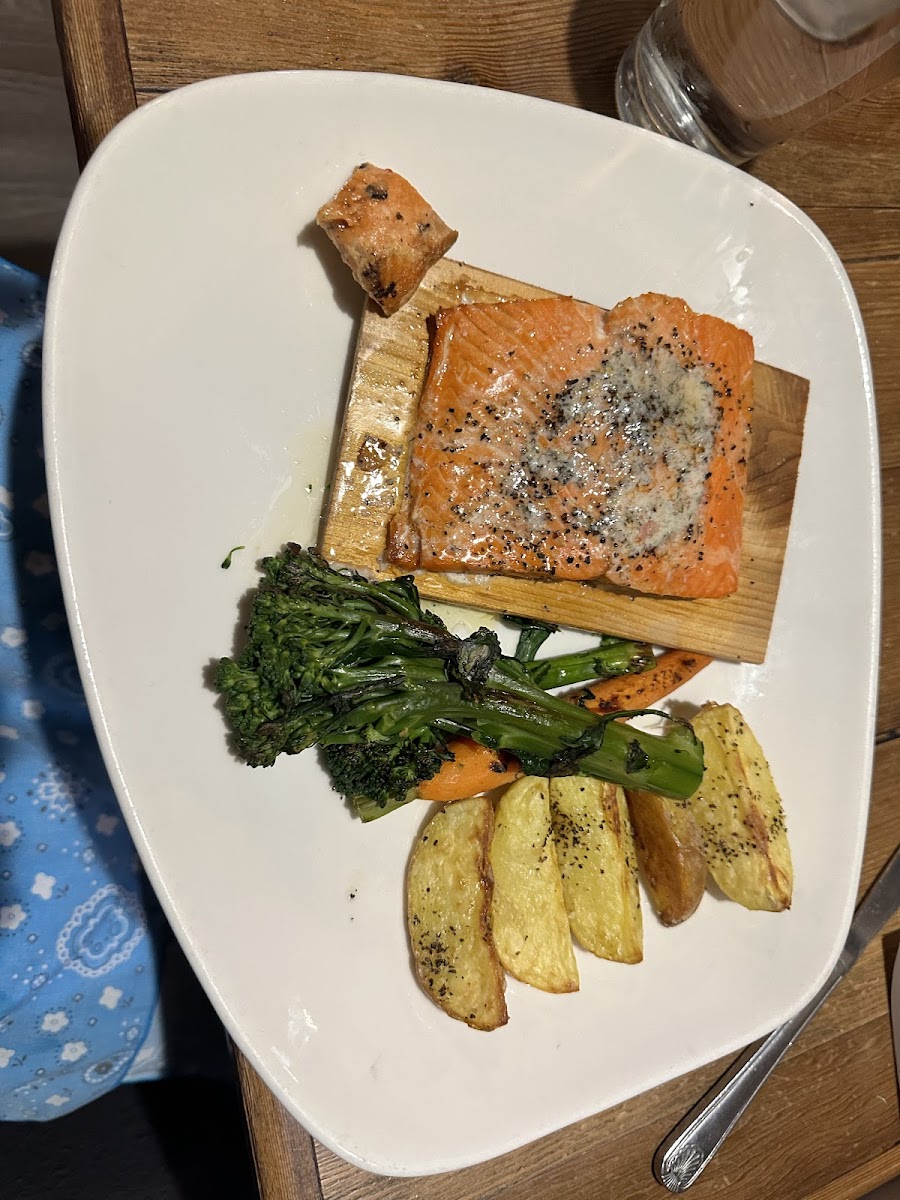 Cedar plank salmon, broccolini, and Yukon potatoes