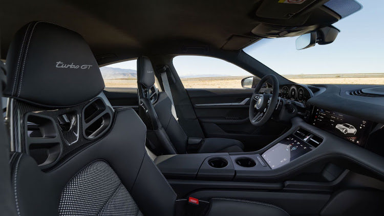 Inside, the sporty Race-Tex features come with black leather trims and Turbo GT logos embroidered on the front headrests. Picture: SUPPLIED