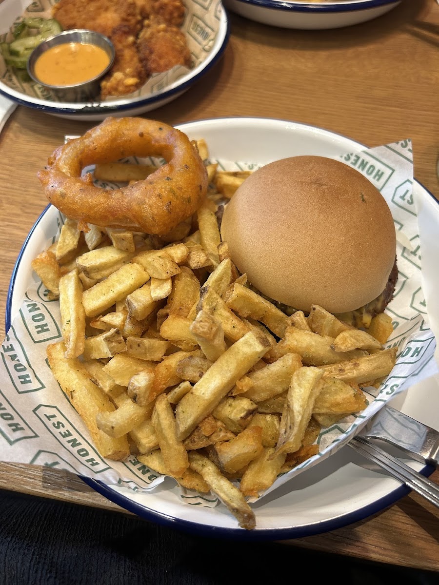 GF Smash Burger with Rosemary Fries and Onion Rings