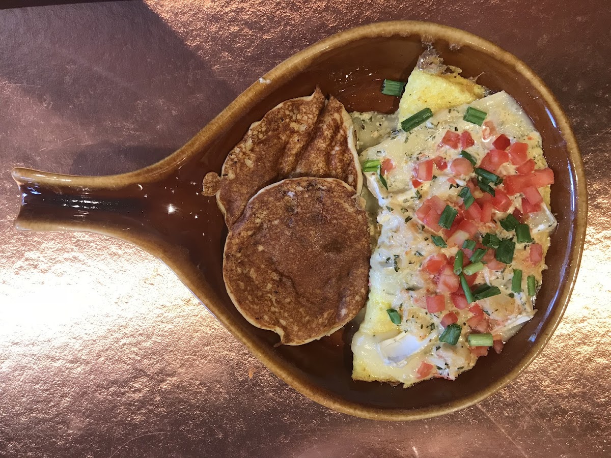 Lobster and Brie omelette with dollar size GF pancakes.