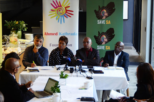 Neshaan Boltom of Ahmed Kathrada Foundation, Dominique Msibi from OUTA, Sipho Pityana of Save SA and Mandla Nkomfe of Cofusa speak at the pre-media briefing in Hamilton Hotel, Craighall. / Mduduzi Ndzingi