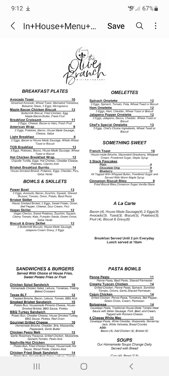 Olive Branch Bakery & Cafe gluten-free menu