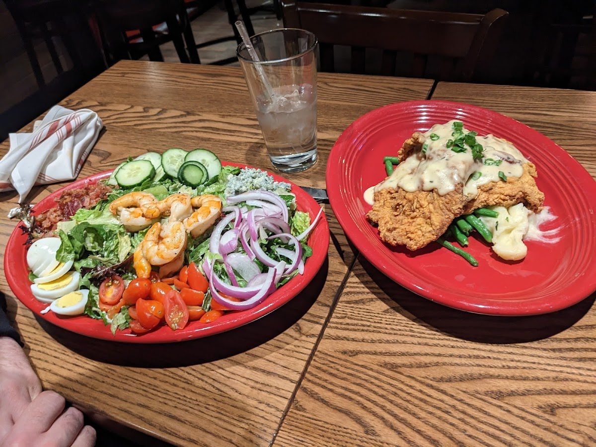 Left to right: Cobb salad with shrimp, fried chicken