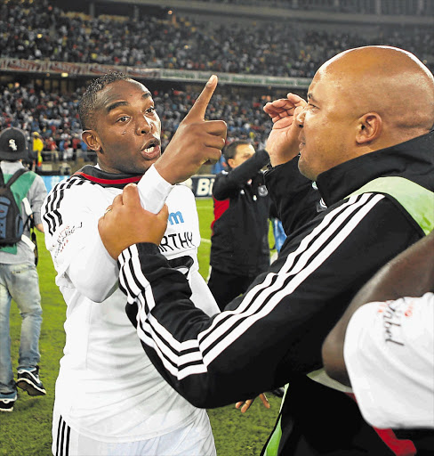 Benni McCarthy lets it all hang out after the Telkom Knockout final match between Orlando Pirates and Wits at Moses Mabhida Stadium in Durban on Saturday Picture: ANESH DEBIKY/GALLO IMAGES