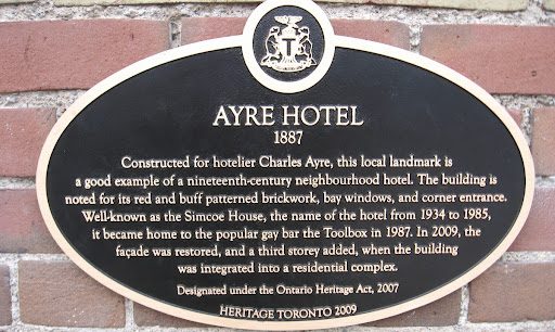 AYRE HOTEL 1887 Constructed for hotelier Charles Ayre, this local landmark is a good example of a nineteenth-century neighbourhood hotel. The building is noted for its red and buff patterned...