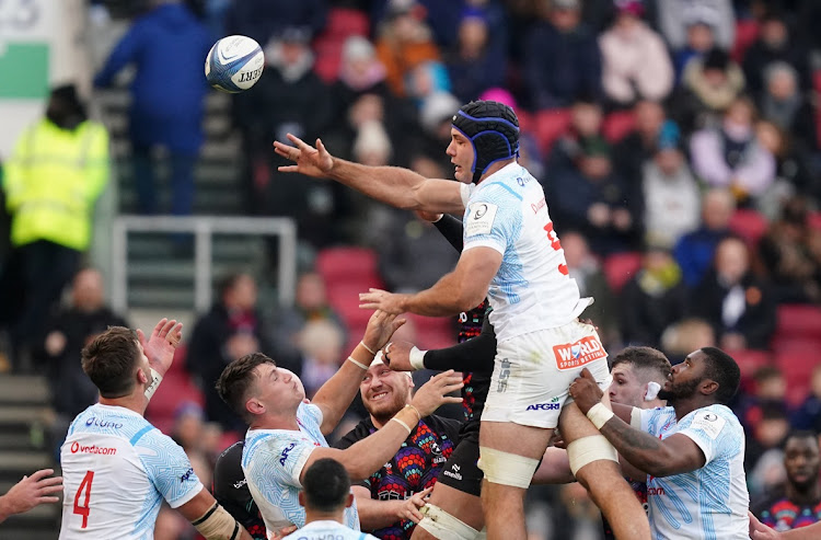 Vodacom Bulls player Reinhardt Ludwig competes for the line-out during their Champions Cup match against Bristol Bears at Ashton Gate.