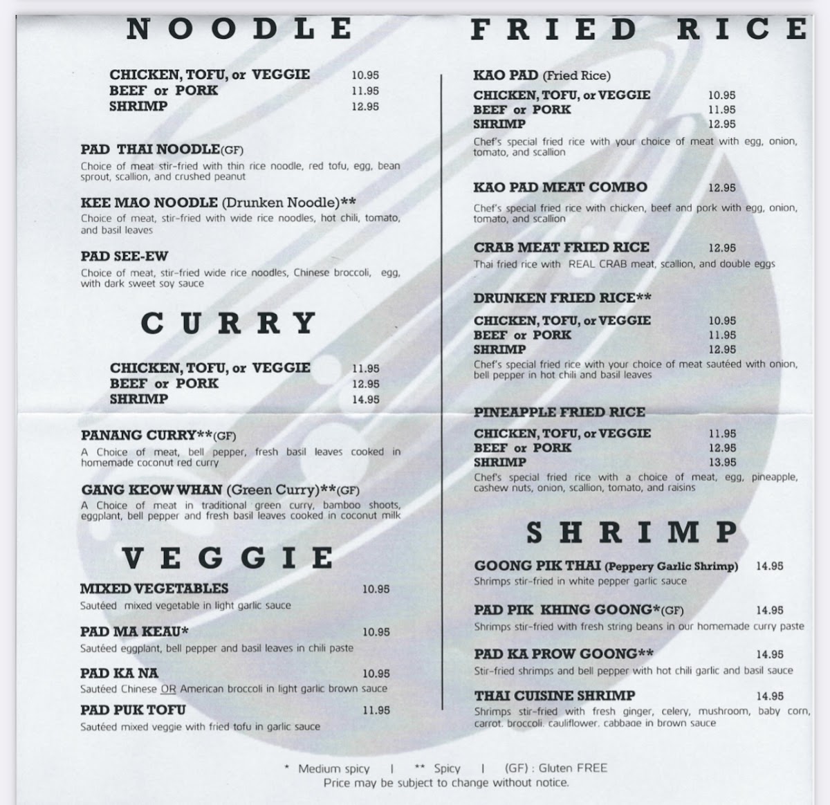 Thai Cuisine gluten-free menu