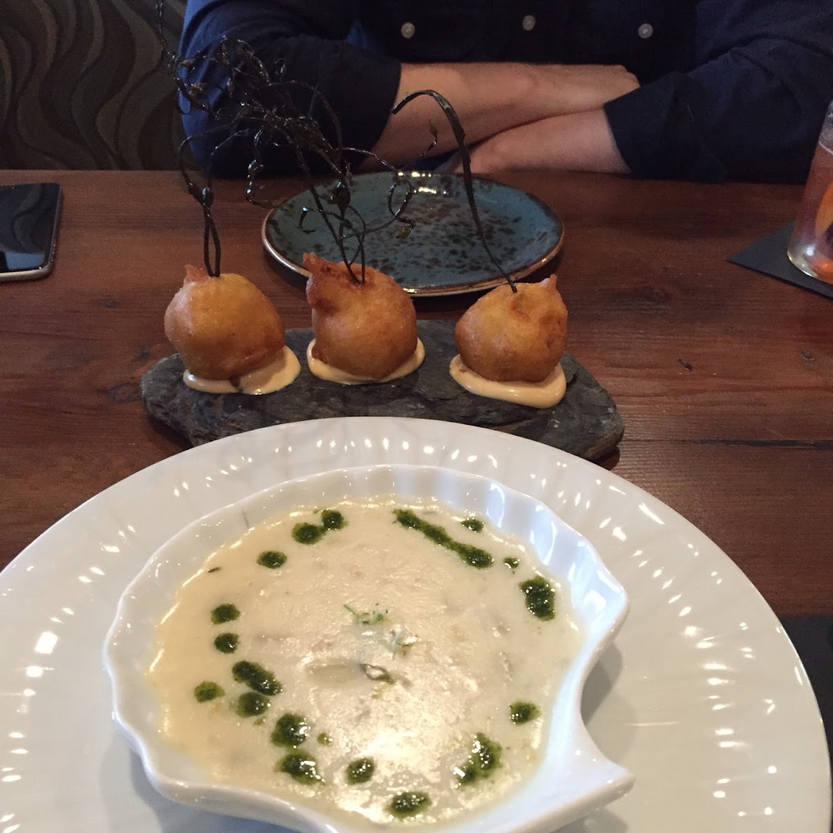 Crab beignets and clam chowder