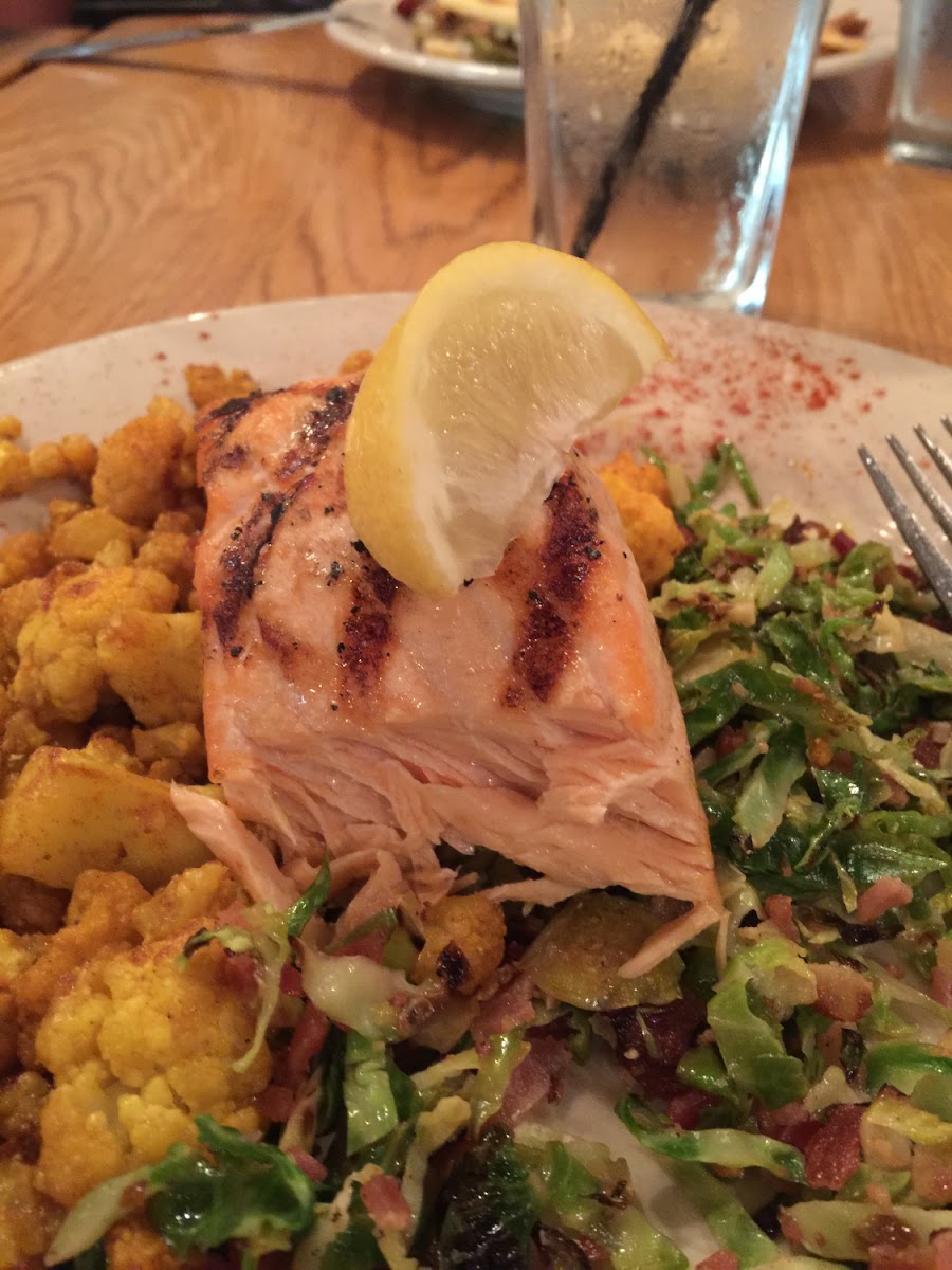 Salmon cauliflower and Brussel sprouts.