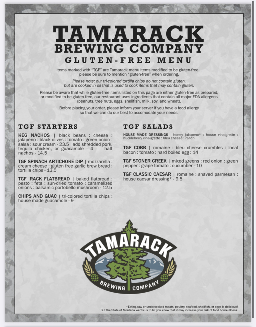 Tamarack Brewing Company gluten-free menu