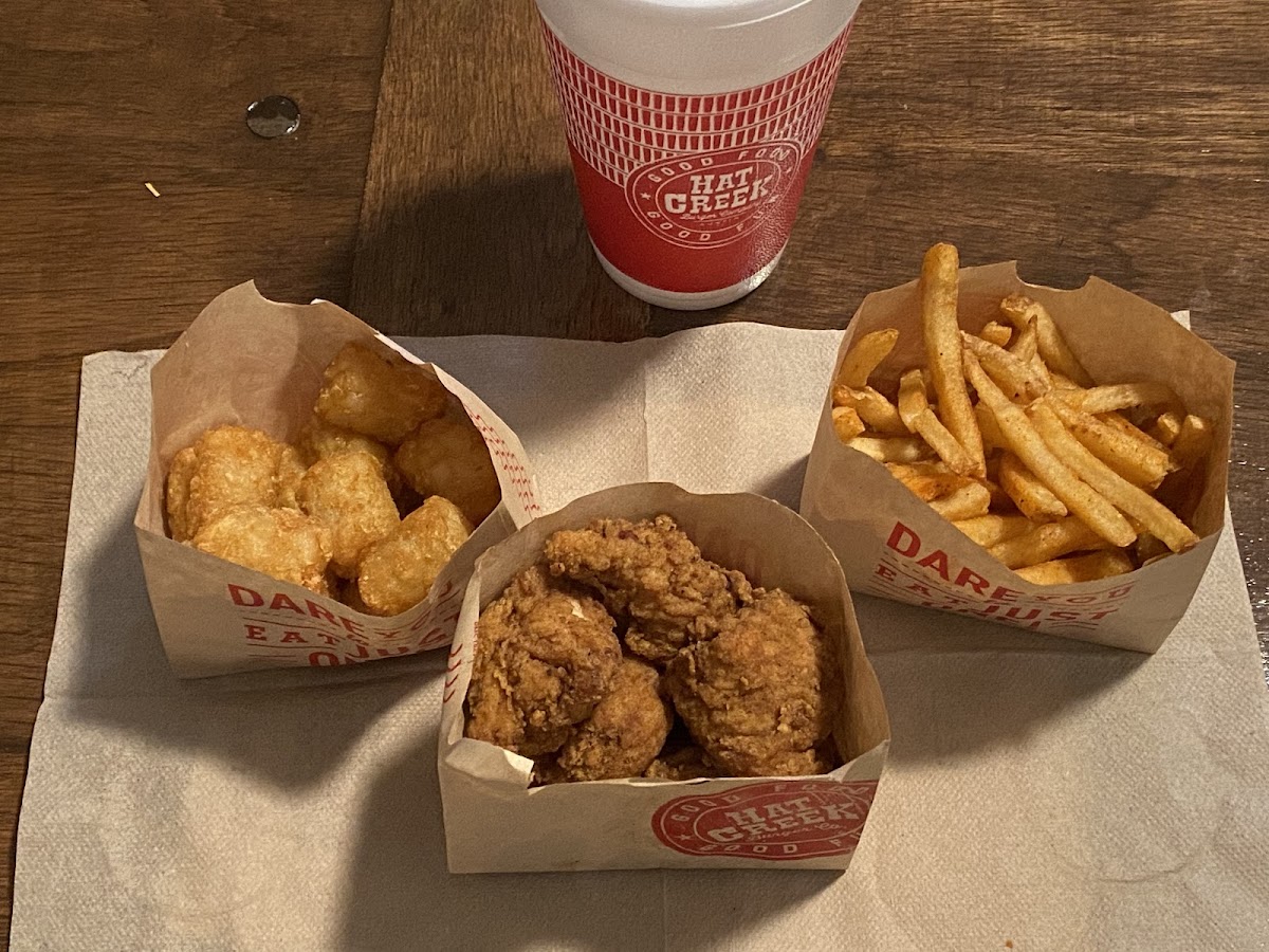 Tater tots, chicken flashers, and fries