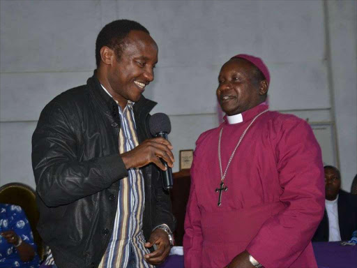 Nyeri governor hopeful Githinji Kinyanjui (left) and Bishop Joseph Kagunda of the Anglican Church Mt Kenya West diocese./FILE