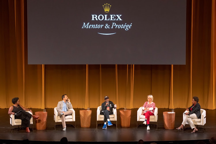 Moderator (far left): Gina Duncan, Brooklyn Academy of Music President, leads the Rolex Conversations: From Generation to Generation. Panellists: Lin-Manuel Miranda, Spike Lee, Phyllida Lloyd and Carrie Mae Weems.