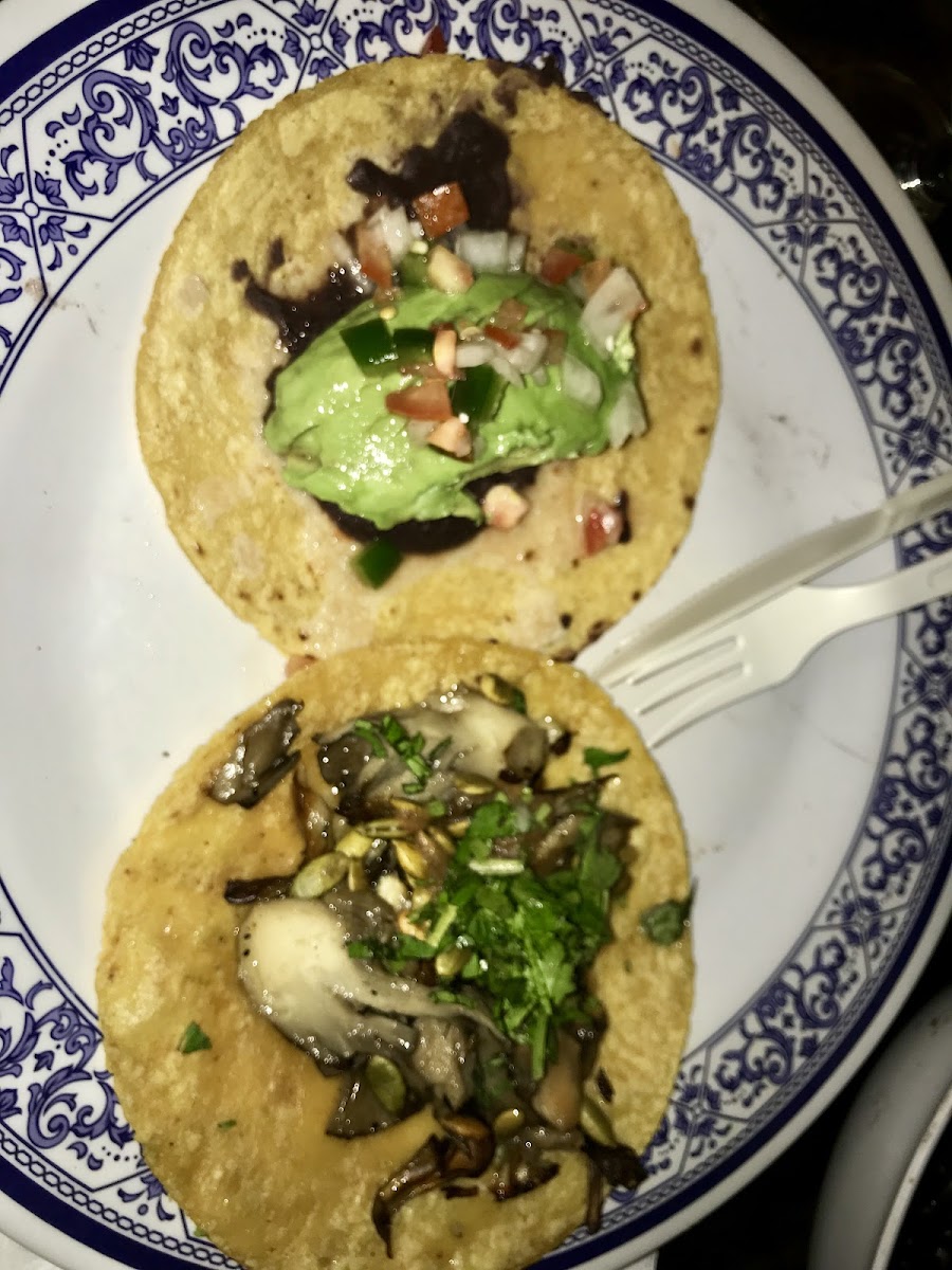 Tacos. 1 avocado and 1 hongos/Mushroom without cheese.