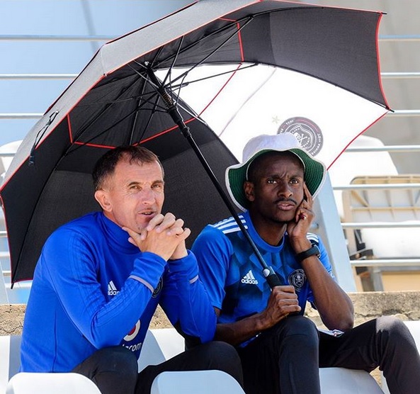 Orlando Pirates' Serbian coach Milutin Sredojevich (L) and his assistant Rulani Mokoena.