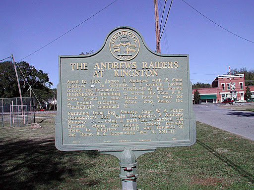 Apr. 12, 1862. James J. Andrews with 18 Ohio soldiers (Federal)in disguise, and 1 civilian, having seized the locomotive "GENERAL" at Big Shanty (KENNESAW) intending to wreck the State R.R., were...