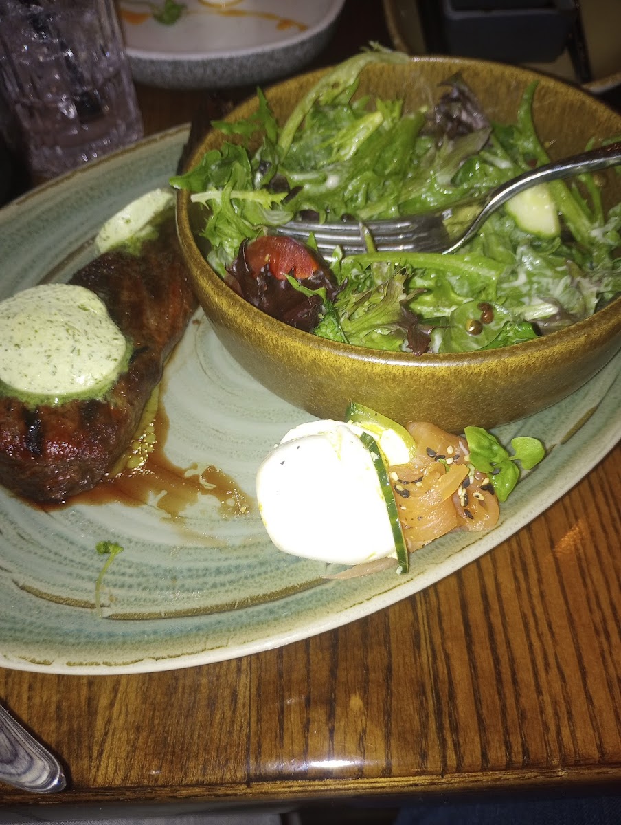 GF steak with salad substitution. Also, the deviled egg.