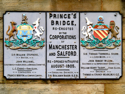 Prince's Bridge crosses the River Irwell which is traditionally the boundary between the cities of Manchester and Salford. This plaque (dated 1906) marks that boundary. © Copyright David Dixon and...