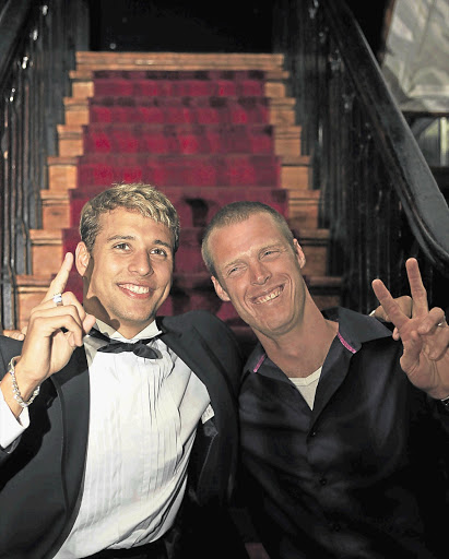 SHARING THE FAME: Chad le Clos and fellow swimmer Terence Parkin at Chad's 21st birthday party last night Picture: TEBOGO LETSIE