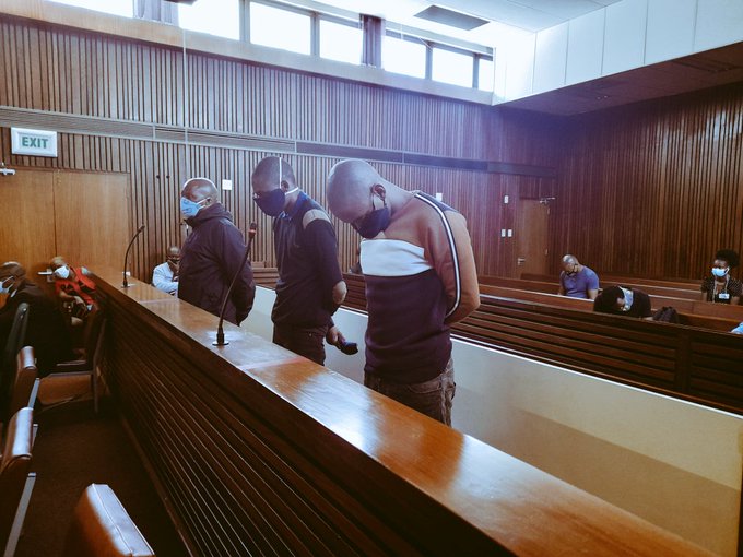 The three men implicated in the killing of Gabisile Shabane and her nephew, Nkosikhona Ngwenya, in the dock of the high court sitting in Middelburg, Mpumalanga.