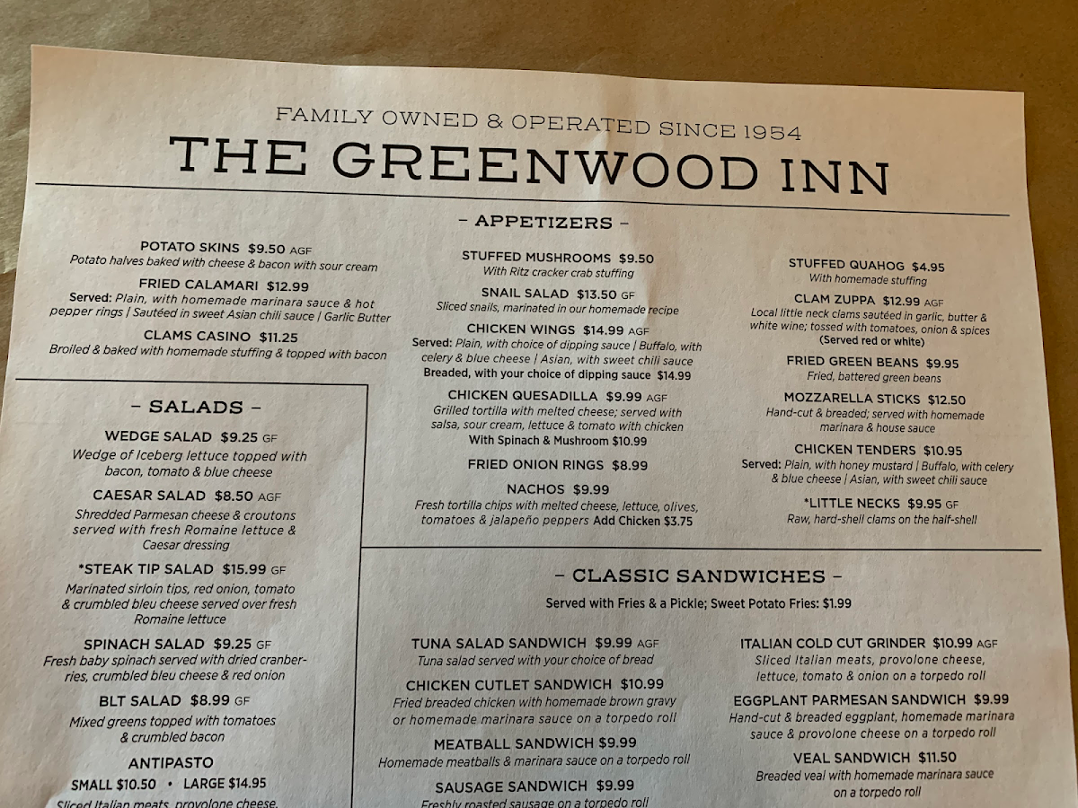 The Greenwood Inn gluten-free menu