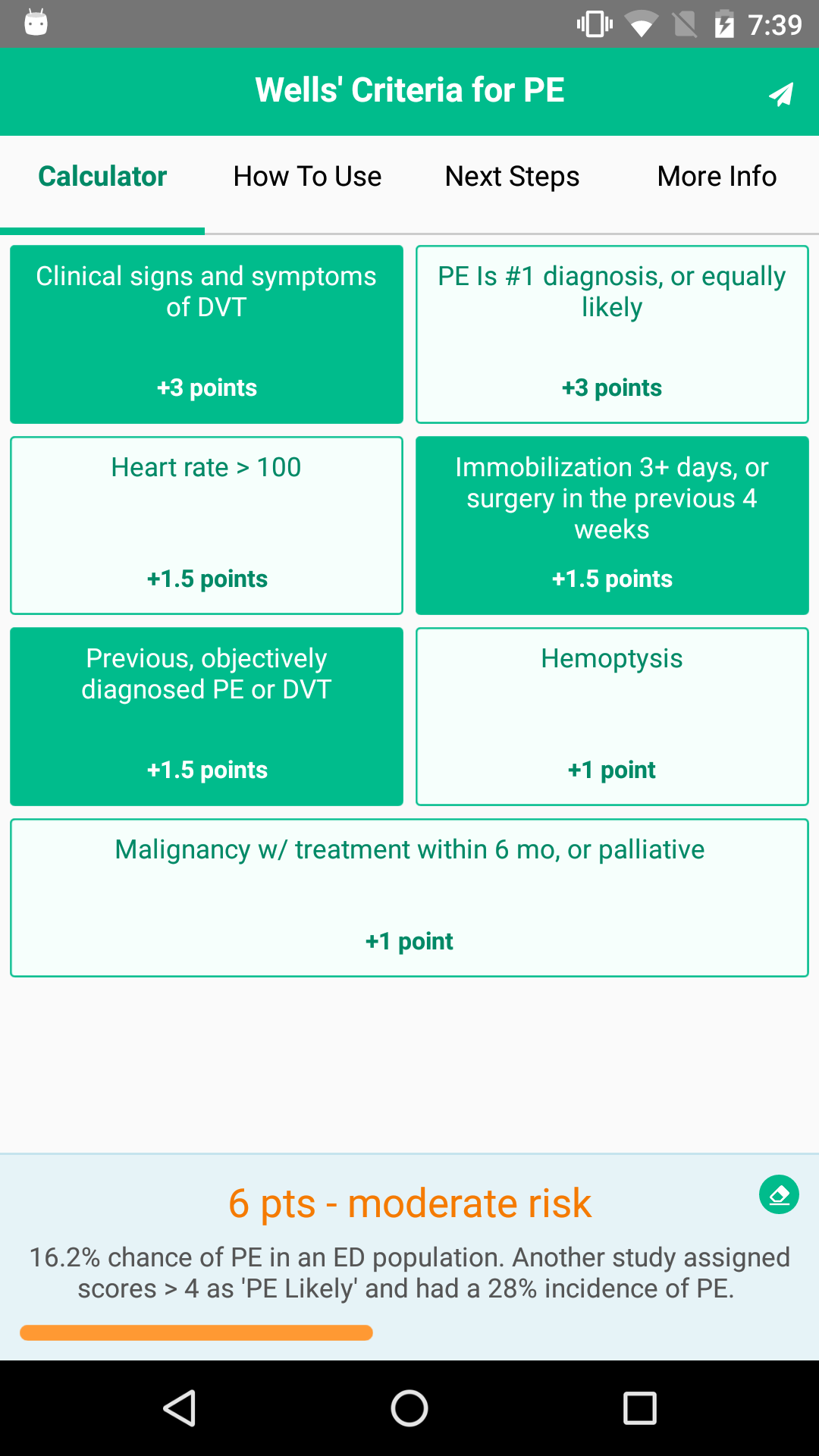 Android application HippoCalc Wells Criteria PE screenshort