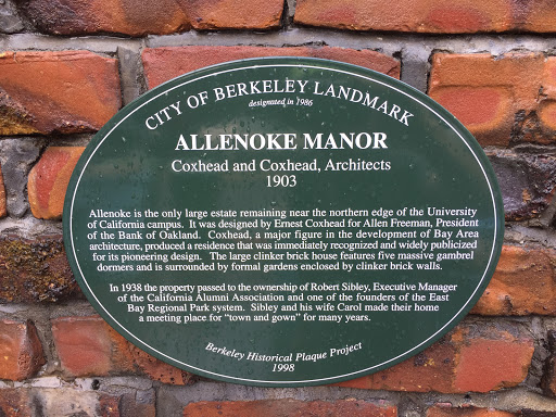 CITY OF BERKELEY LANDMARK designated in 1986 ALLENOKE MANOR Coxhead and Coxhead, Architects, 1903   Allenoke is the only large estate remaining near the northern edge of the University of...