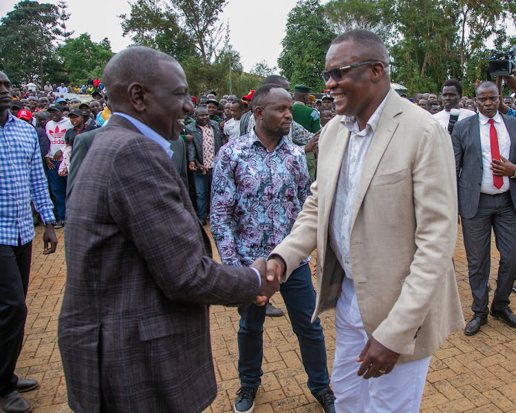 President William Ruto greeting ICT CS Eliud Owalo during the opening of the the Digital Hub in Bidii Ward, Kwanza Sub-County, Kitale, Trans Nzoia County on January 17, 2023.